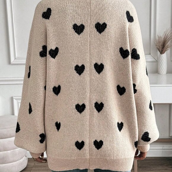 Multicolor Casual Women's V-Neck Heart Print Knitted Cardigan - Picture 3 of 6